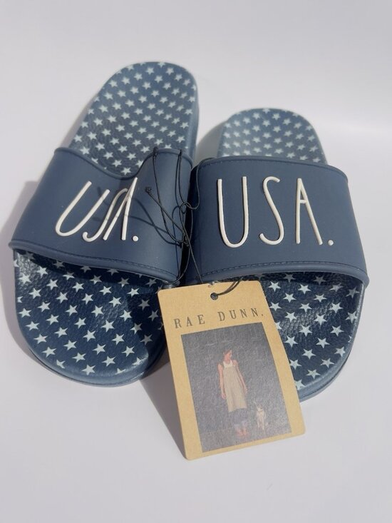 Rae Dunn Shoes - Rae Dunn Womens  Sandals Slides "USA" Navy  Blue White Stars Size 7 Brand New